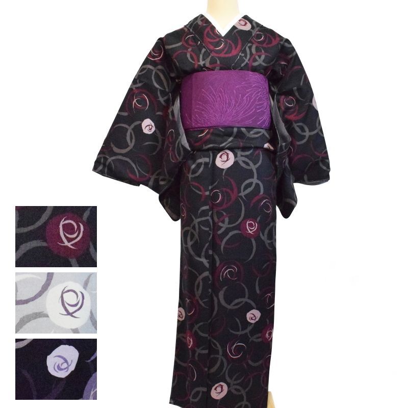正絹 小紋 お仕立て上がり 袷着物 新品 グレー 紫 黒 薔薇柄 （新品未