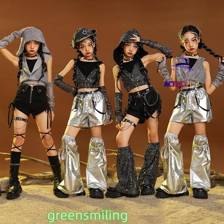 キッズ ダンス衣装 へそ出し トップス 女の子 シルバー セットアップ