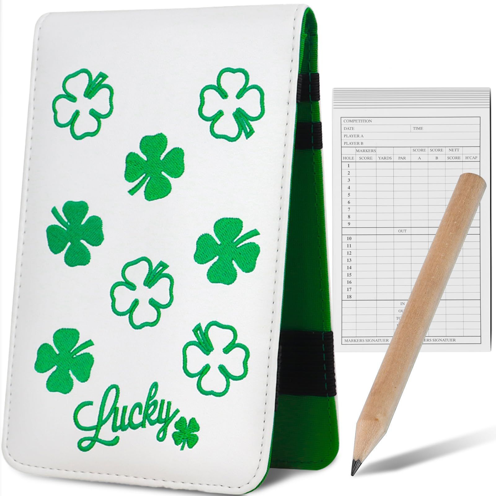 Big Teethh(ビッグティース) ゴルフスコアカードホルダー スコアカードケース スコアカードカバー スコアブックカバー クローバー刺繍 高級合成皮革 ホワイト