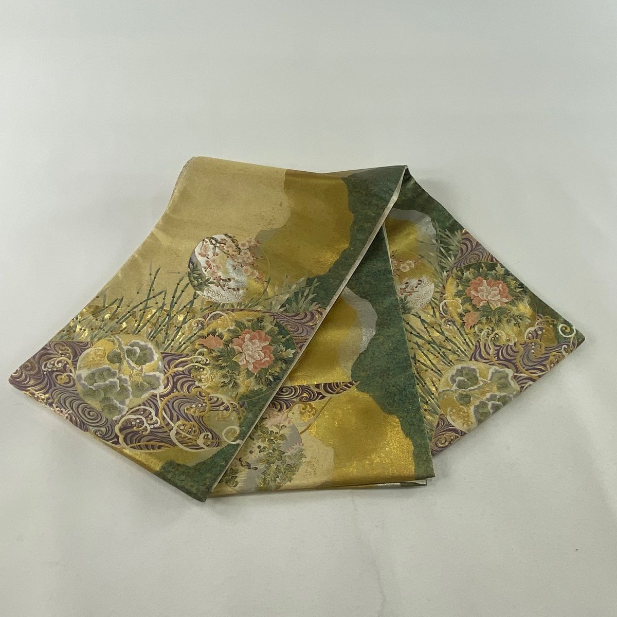 1310 華 袋帯 花 牡丹 流水 金 ベージュ 袋帯 名品 関西仕立て 鳳凰 草花 金銀彩 刺繍 ベージュ お太鼓柄
