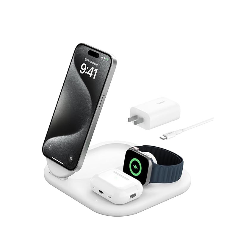 Belkin Qi2 3-in-1 Qi2 折りたたみ式充電パッド Qi2公式認証|MagSafe対応 iPhone 16|15|14|13|12|Qi2対応スマートフォン 最大15W高速充電 AirPods|ワイヤレス充電対応イヤホン 5W充電 Ap 1