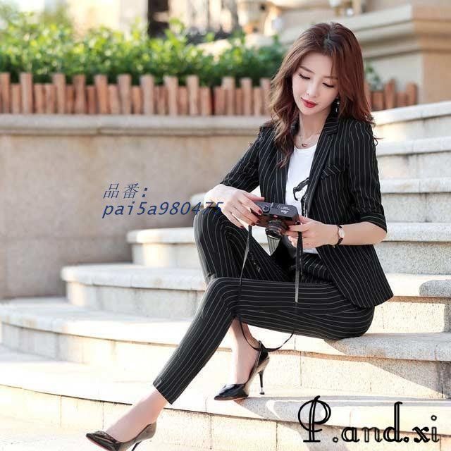 レディースファッション レディーススーツ 2点セット パンツスーツ ストライプ ビジネス リクルートスーツおしゃれ フォーマル 通勤 事務服 pai5a980475