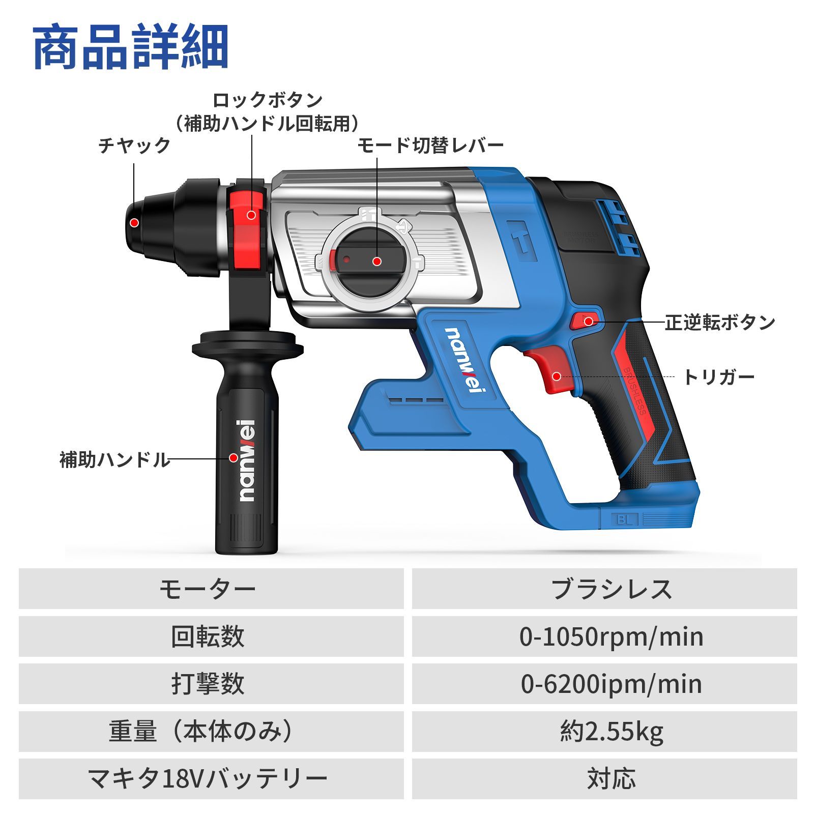 NANWEI 充電式ハンマードリル 6.0Ahバッテリー2個付き マキタ18V 