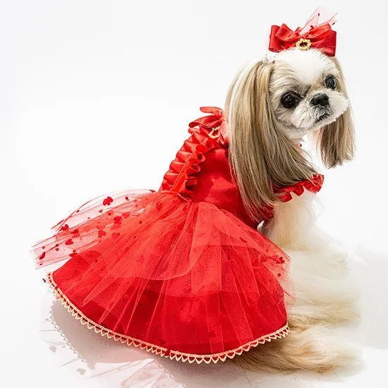 犬服 ドレス ワンピース レッド ルルドール LULUDOLL ハートチュールの