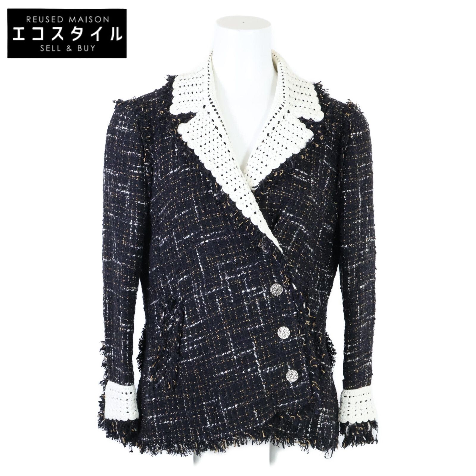 CHANEL シャネル 正規 04S P23332V14080 ココマークボタン レース切替ツイード 38