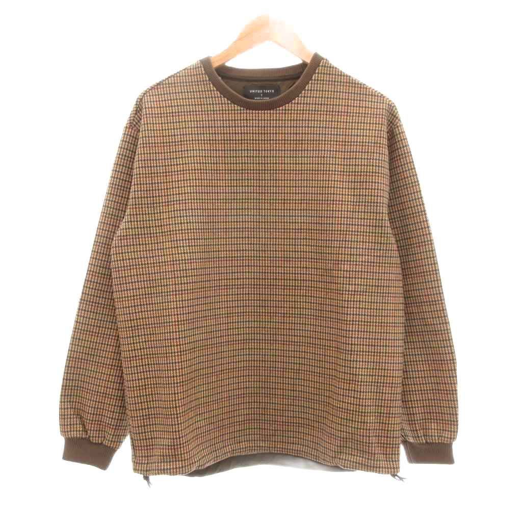 ユナイテッドトウキョウ UNITED TOKYO ダウンファブリック ベーシックプルオーバー 長袖 ガンクラブチェック柄 1 ブラウン ベージュ |UO