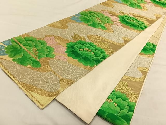 平和屋着物◎六通柄袋帯 唐織 牡丹文 金銀糸 正絹 逸品