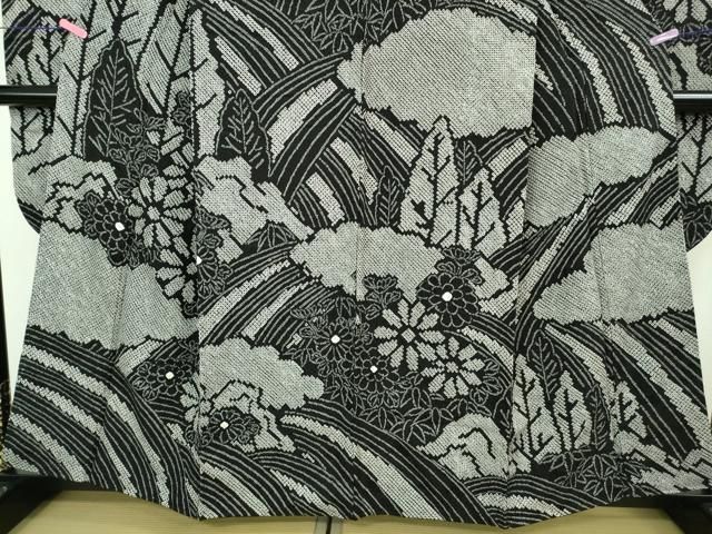 平和屋本店□極上 振袖 駒刺繍 雲取り几帳花文 黒地 金通し