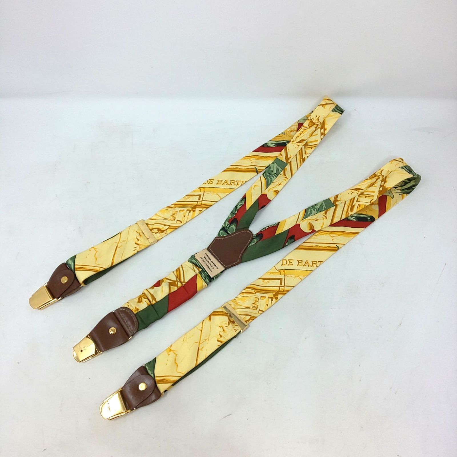 973B-04 HERMES エルメス シルク サスペンダー レザー 総柄 イエロー系 ゴールド金具 ブランド 服飾雑貨