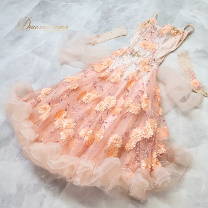 社交ダンス 衣装 ドレス ドレス ワンピース デモ 競技 フロート レース 花 サーモンピンク フリル レース 明るい ピンク系 女性用 花モチーフ かわいい 競技用 ワンピースドレス ドレスアップ パーティ LLC-HASEGAWATOSO_COM