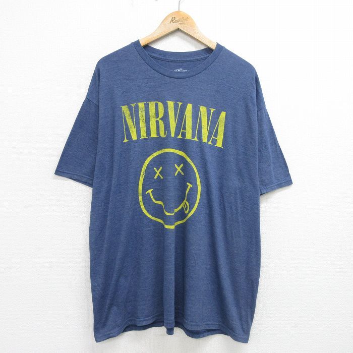 XL/古着 半袖 ロック バンド Tシャツ メンズ ニルヴァーナ ニルバーナ 大きいサイズ クルーネック 紺 ネイビー 霜降り 24jun07 中古