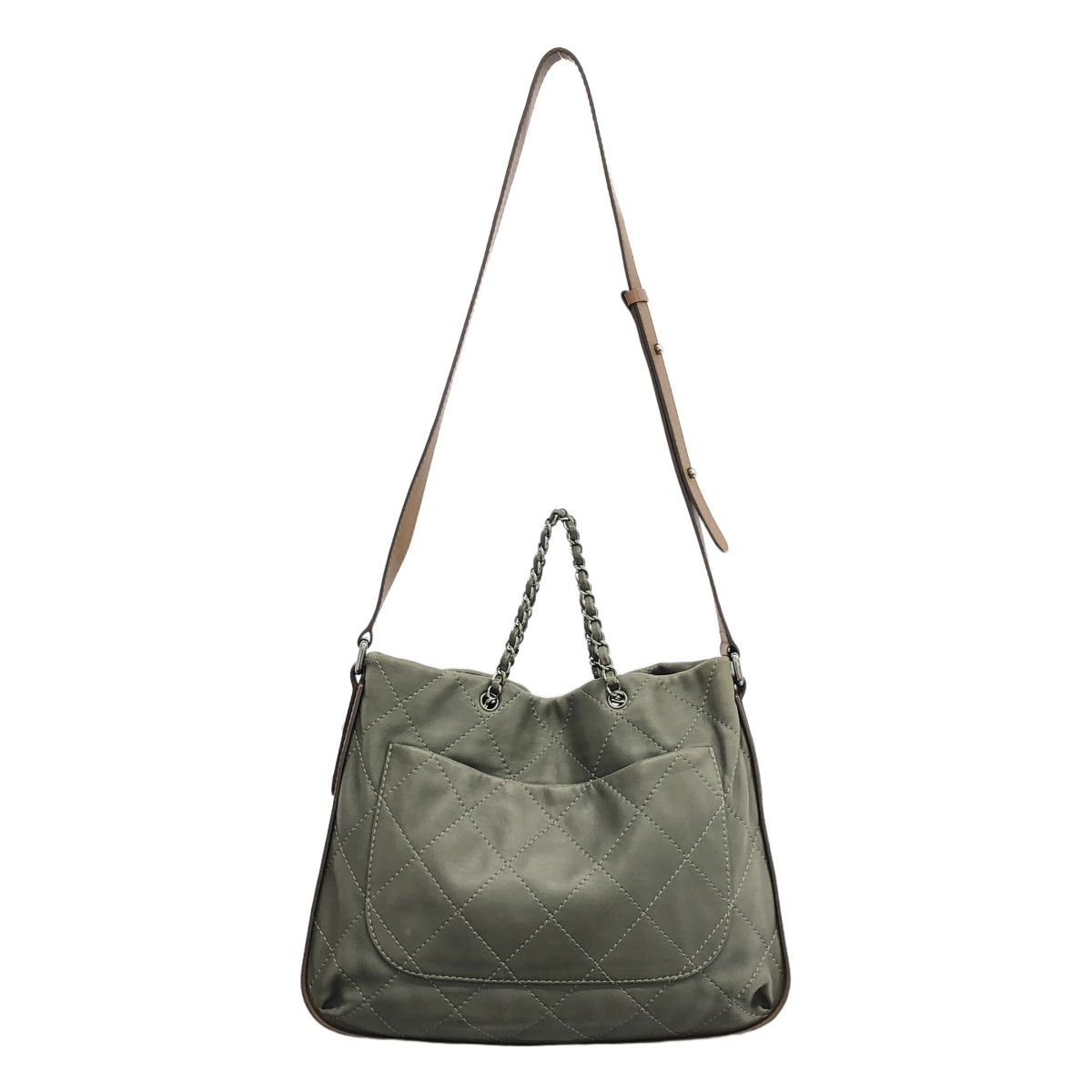 CHANEL / シャネル | 2way ショルダー付き レザー ココマーク チャーム キルティング チェーンハンドル トートバッグ | グレー/ブラウン | レディース CHANEL / シャネル | 2way ショルダー付き レザー ココマーク チャーム