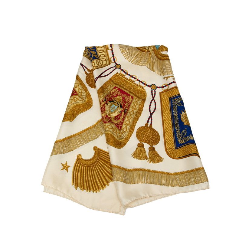 エルメス カレ90 POSTE ET CAVALERIE サーベル飾袋 ホワイト ゴールド マルチカラー シルク レディース HERMES 1-0231486