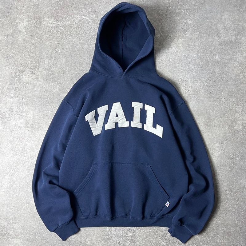 90s RUSSELL カレッジ ロゴ パッチ 刺繍 スウェット フード パーカー M / 90年代 オールド ラッセル ネイビー トレーナー