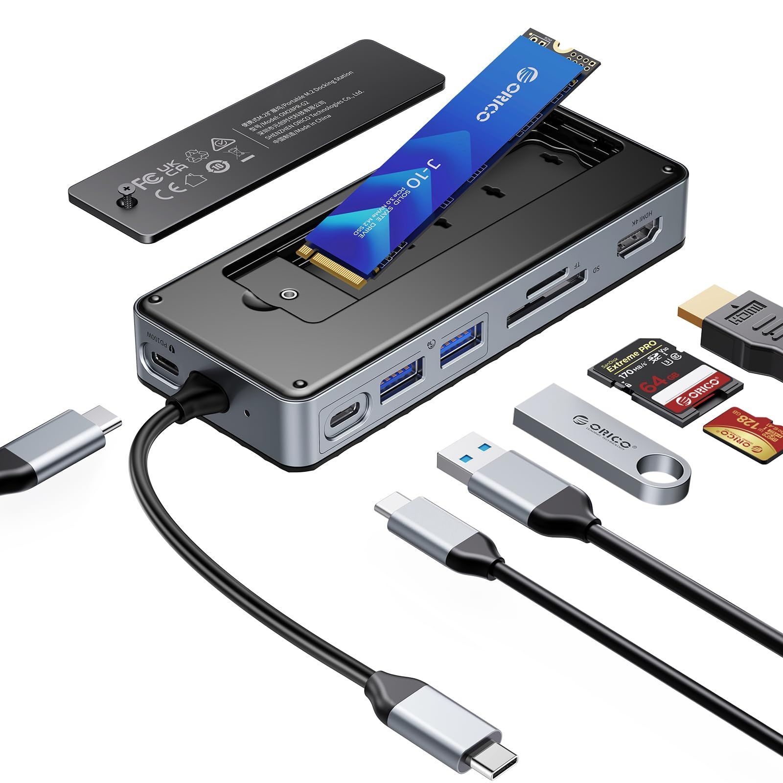 M.2 SSDケースー付きUSB Cハブ ORICO USB-C ドッキングステーション 10Gbps USB 3.2 Gen2 M.2 NVMe|SATA 両対応ケース サポート4K 60Hz HDMI 100W PD SD|TF - OM28P