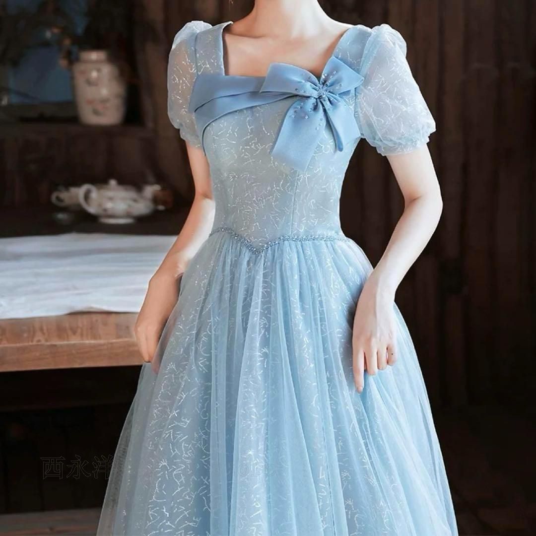 カレードレス、パーティードレス、リボン、シースルーの半袖