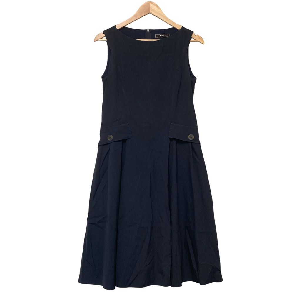 【中古】フォクシー FOXEY フレアワンピース ミモレ ロング ノースリーブ クルーネック 総柄 ワンカラー 40 黒 良品 FOXEY フォクシー Dress Margot ノースリーブ ミディドレス