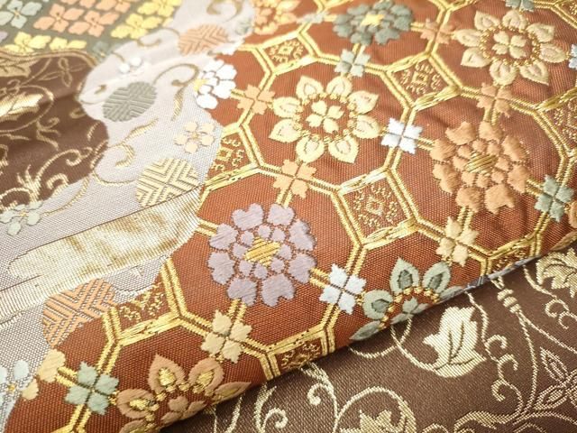 平和屋着物◎六通柄袋帯 唐織 華雅 雪輪花蝶文 金糸