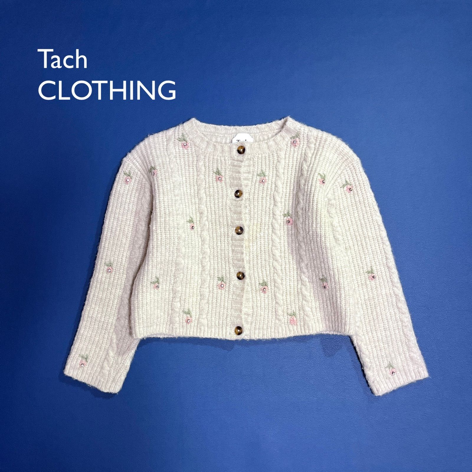 cj19 Tach clothing 花柄 刺繍 ラインストーン ニット　カーディガン　厚手　ビジュー　セーター　ウール　毛 cj19 Tach clothing 花柄 刺繍 ラインストーン ニット カーディガン
