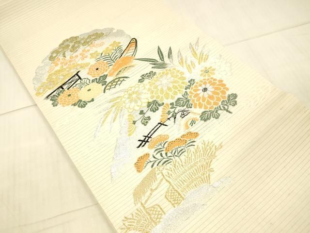 平和屋着物*夏物 アンティーク 大正ロマン 丸帯 引き抜き帯 風景草花文 金銀糸 正絹 DAAX5932cm