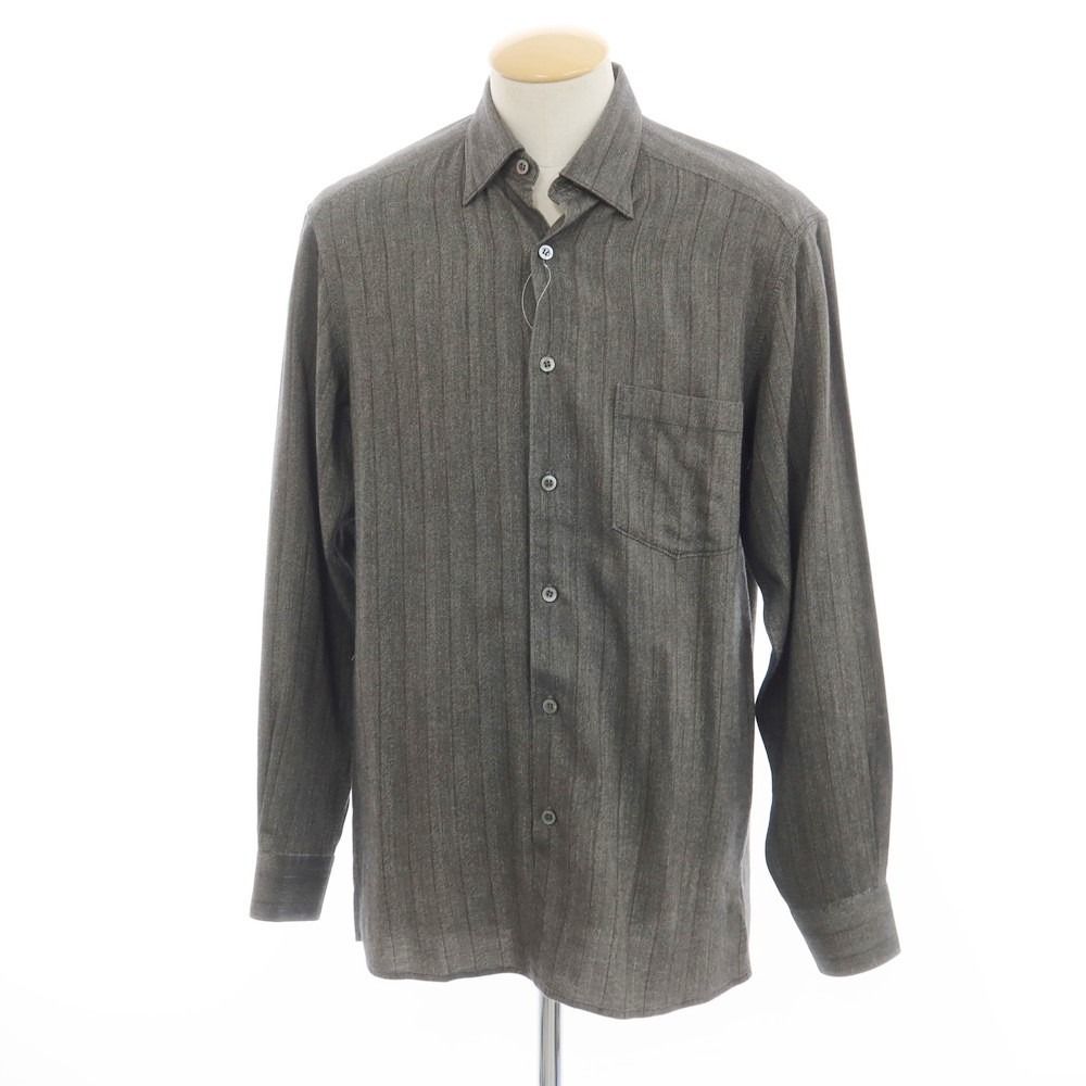 【中古】エルメネジルドゼニア Ermenegildo Zegna コットンレーヨン ヘリンボーン ストライプ カジュアルシャツ グレーxブラウン【サイズS】【メンズ】