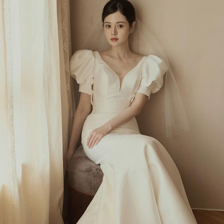 ウェディングドレス 半袖 マーメイドライン トレーン付きドレス ウェディング パフスリーブ ウエディング パーティードレス Vネック フィッシュテール 結婚式 ワンピース 海外 挙式 ホワイト 白 ト wxn03346
