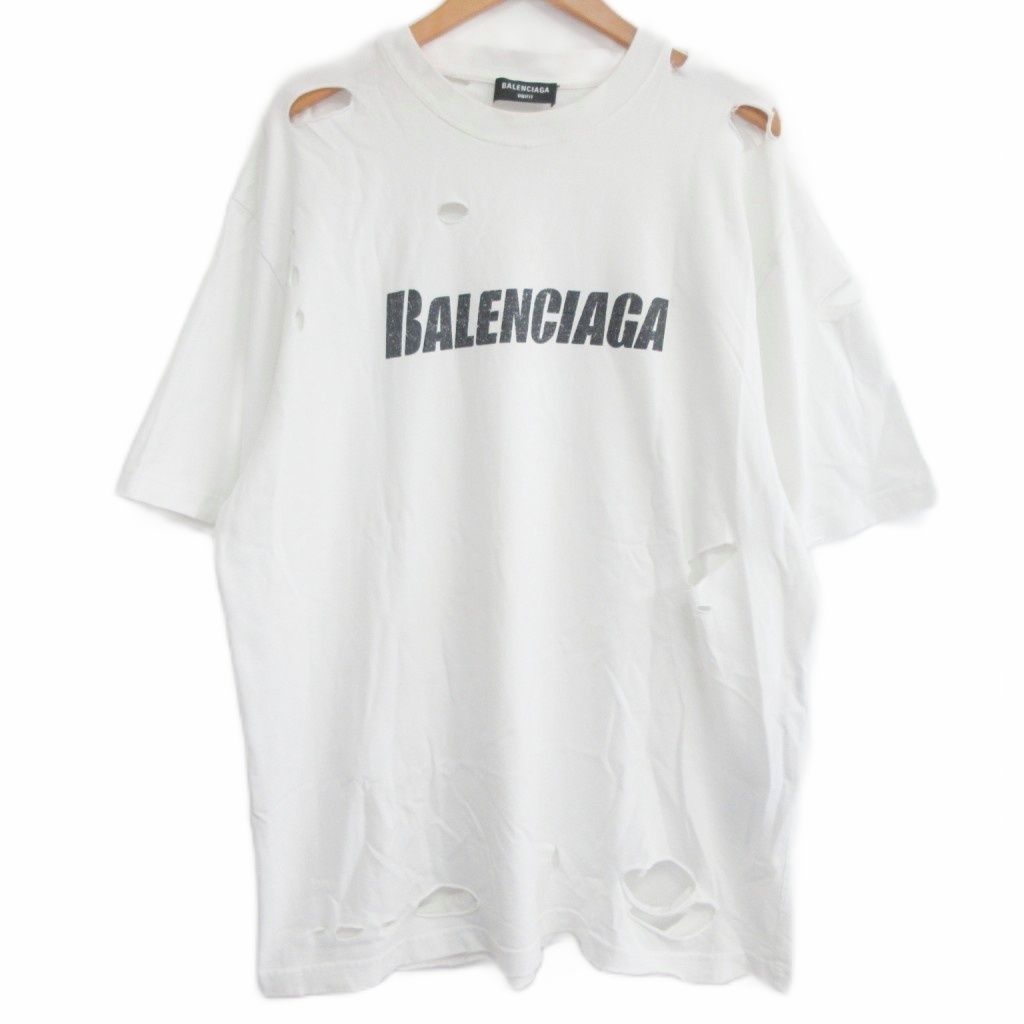 バレンシアガ BALENCIAGA 21SS Caps Destroyed Flatground Tee デストロイ ロゴプリント Tシャツ ダメージ加工 半袖 XS 白 ホワイト MNK1 0929