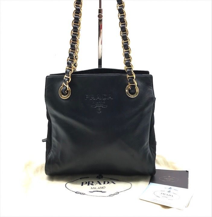 良品 PRADA プラダ ロゴ型押し レザー チェーン ショルダー