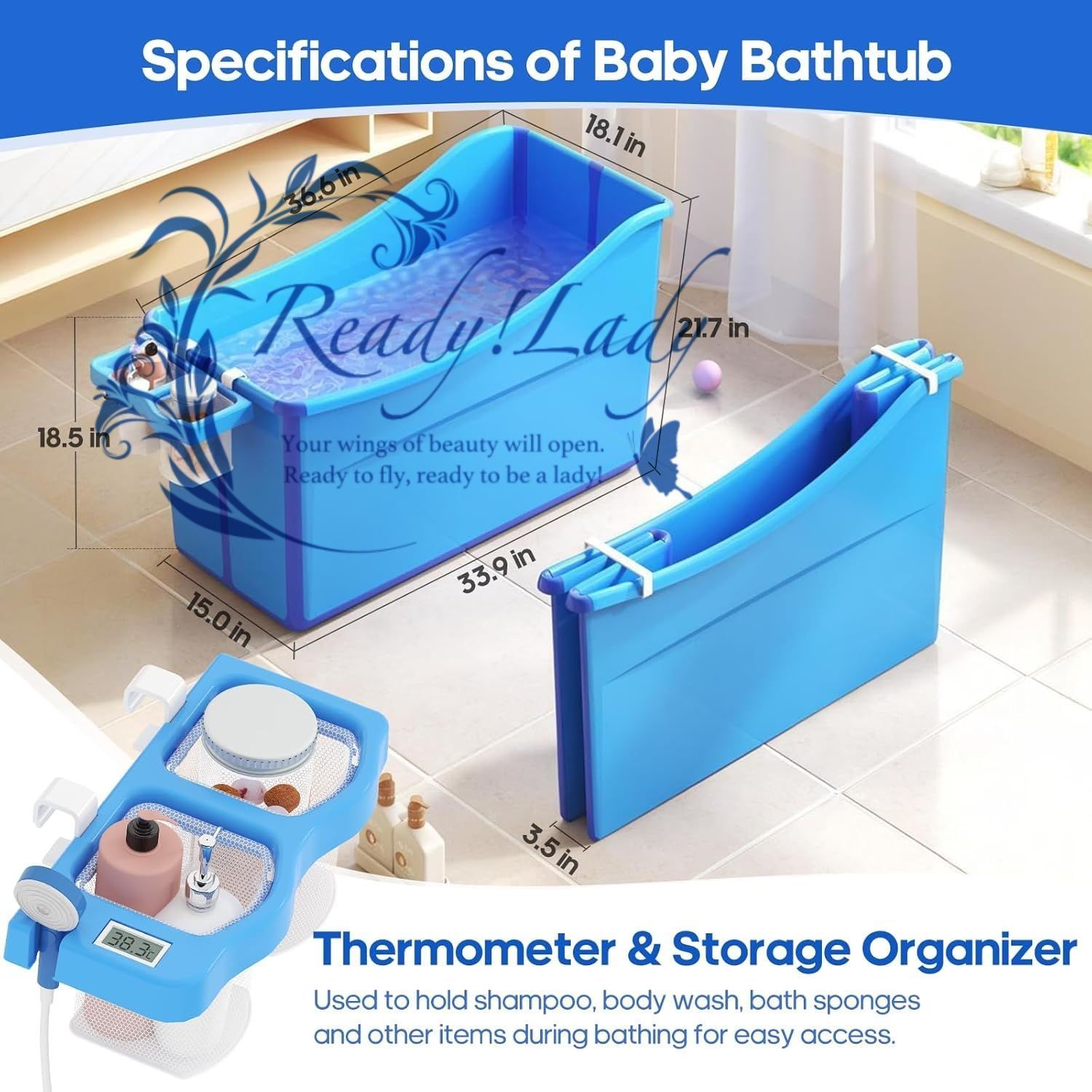 新生児用スイミングバケツ ベビーバスバケツ 家庭用ベビーバスタブ 子供用バスバケツ 折りたたみ式 省スペース ポータブルバスタブ シンプル バスタブ 子供用 温度計と収納バスケット付きの小型 Blue