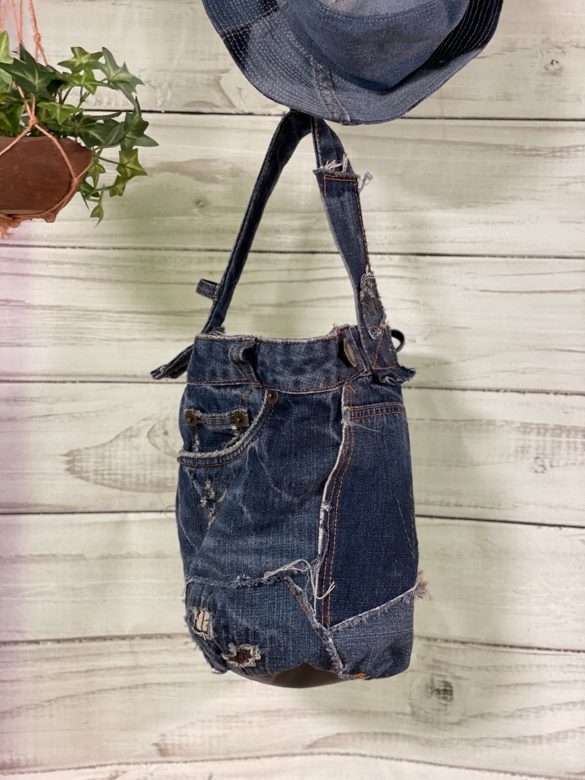 リメイクデニムバッグ 渋ブルー和柄パッチbag-0004 トートバッグ
