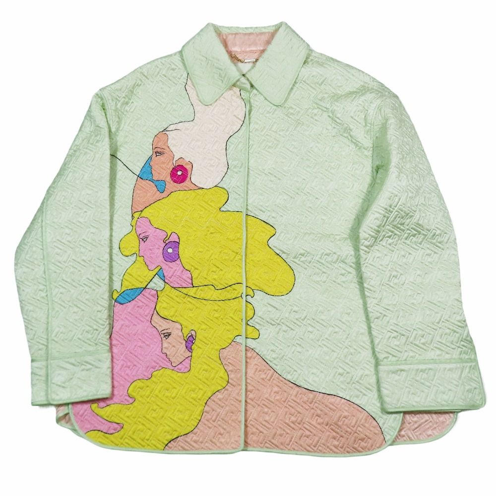 22SS FENDI by Kim Jones フェンディ Hairdo Girls シルク FFロゴ ズッカ柄 ジャケット ブルゾン コート 40 パステルグリーン レディース 古着