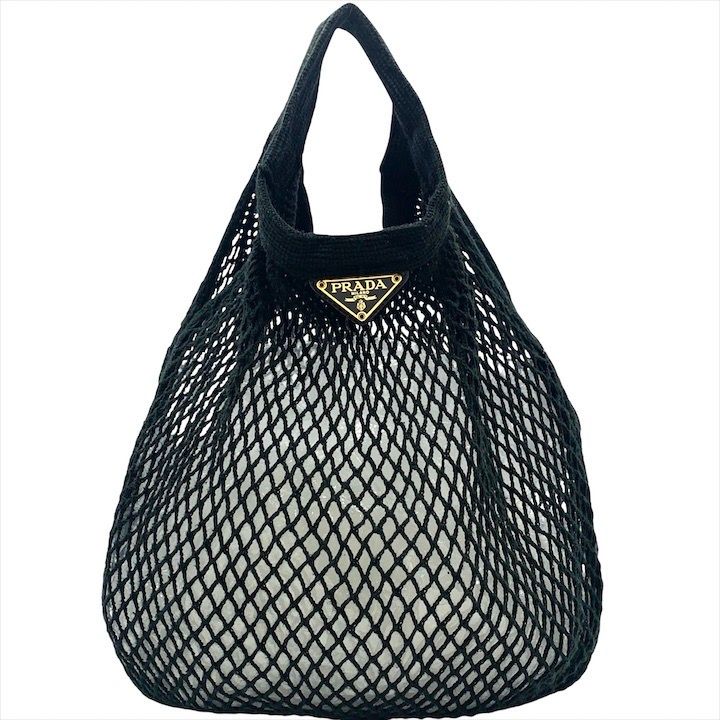 良品 PRADA プラダ 三角ロゴ プレート メッシュ ハンド バッグ ブラック レディース k4835