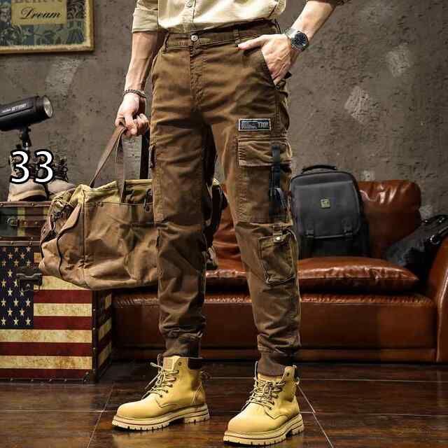 33 秋冬 コーデ メンズ 服 シンプル ファッション オシャレ 大人 かっこいい 大きいサイズ ストリート 紳士服 スリム ストレート マルチ ポケット タクティカル ズボン カジュアル パンツ