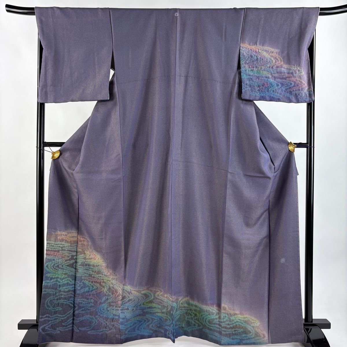 付下げ 身丈165.5cm 裄丈69cm L 袷 流水 絞り 金通し 紫 正絹 名品 一つ紋