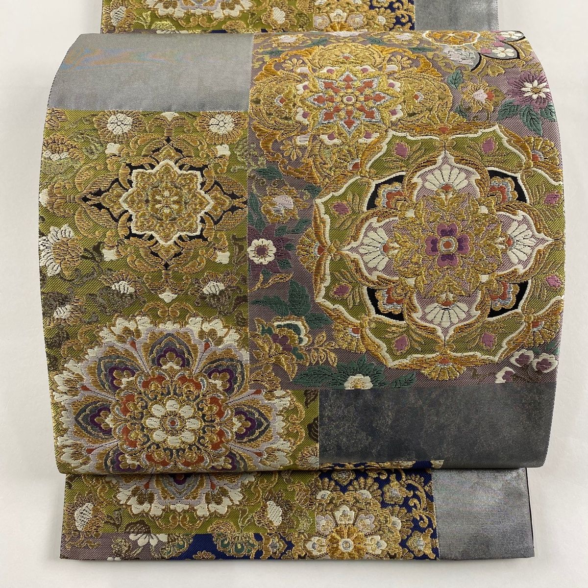 袋帯 秀品 美趣更紗文 華文 金銀糸 刺繍 銀色 六通 正絹