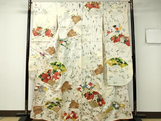平和屋着物□豪華振袖 駒刺繍 扇面御所車草花文 暈し染め 金彩