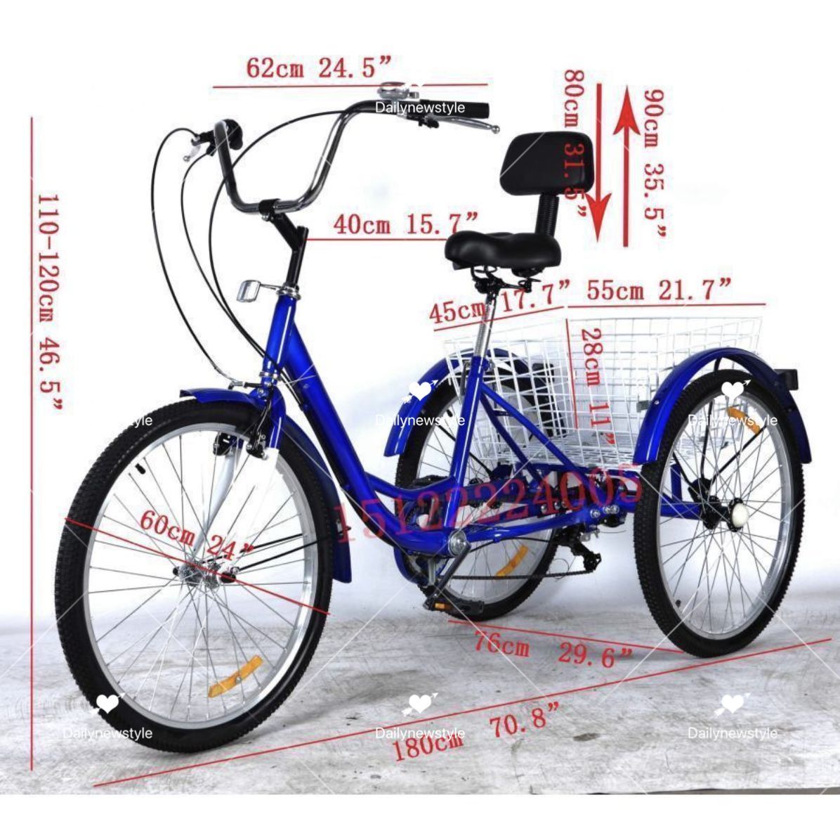 24インチホイール大人のトライク3輪自転車貨物貨物バスケット