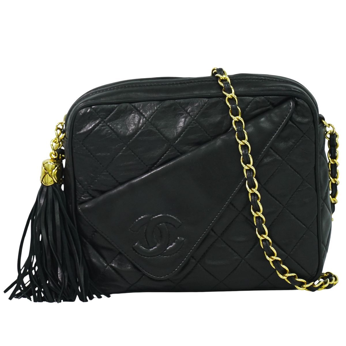 CHANEL ブラック レザー バッグ タッセル付き シャネル(CHANEL)シャネル タッセル付きショルダーバッグ