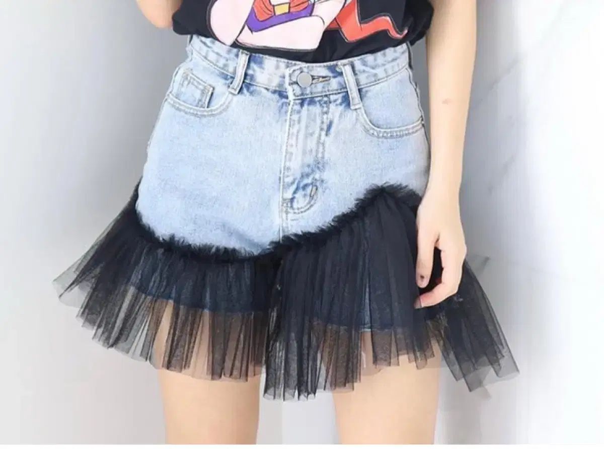新品 黒 チュールスカート デニムハーフパンツ ミニ スカート S XL 公演 ダンス 衣装