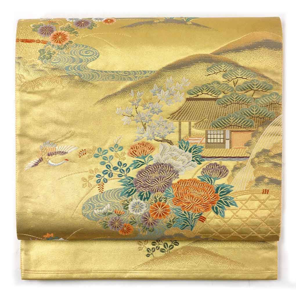 袋帯 幅31cm 長さ430cm レディース 風景画 秋冬春用 正絹 シルク ゴールド リメイク リユース リサイクル 呉服のきくや
