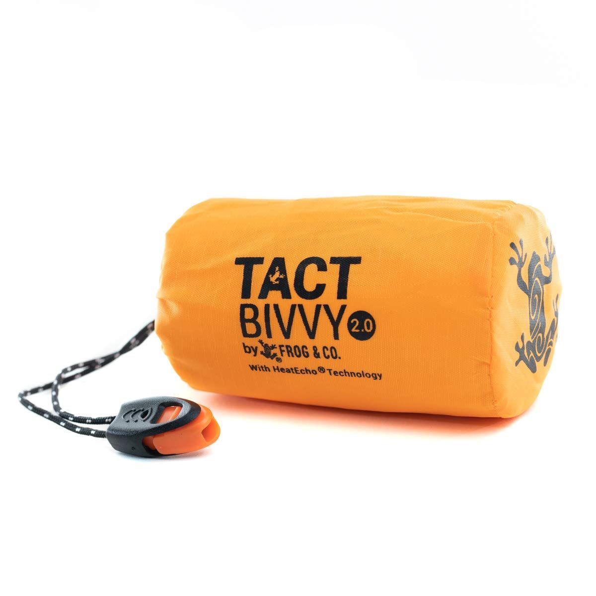 2.0タクティカルオレンジ Survival Frog Tact Bivvy 2.0 緊急用寝袋 スタッフサック付き カラビナ サバイバルホイッスル ParaTinder - コンパクト 軽量 防水 再利用 保温ビビーサックカバー シェルターキット オレン