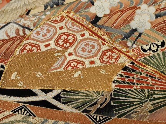 平和屋着物□豪華黒留袖 駒刺繍 萬寿染 鼓 扇面飛鶴文 暈し染め 金彩