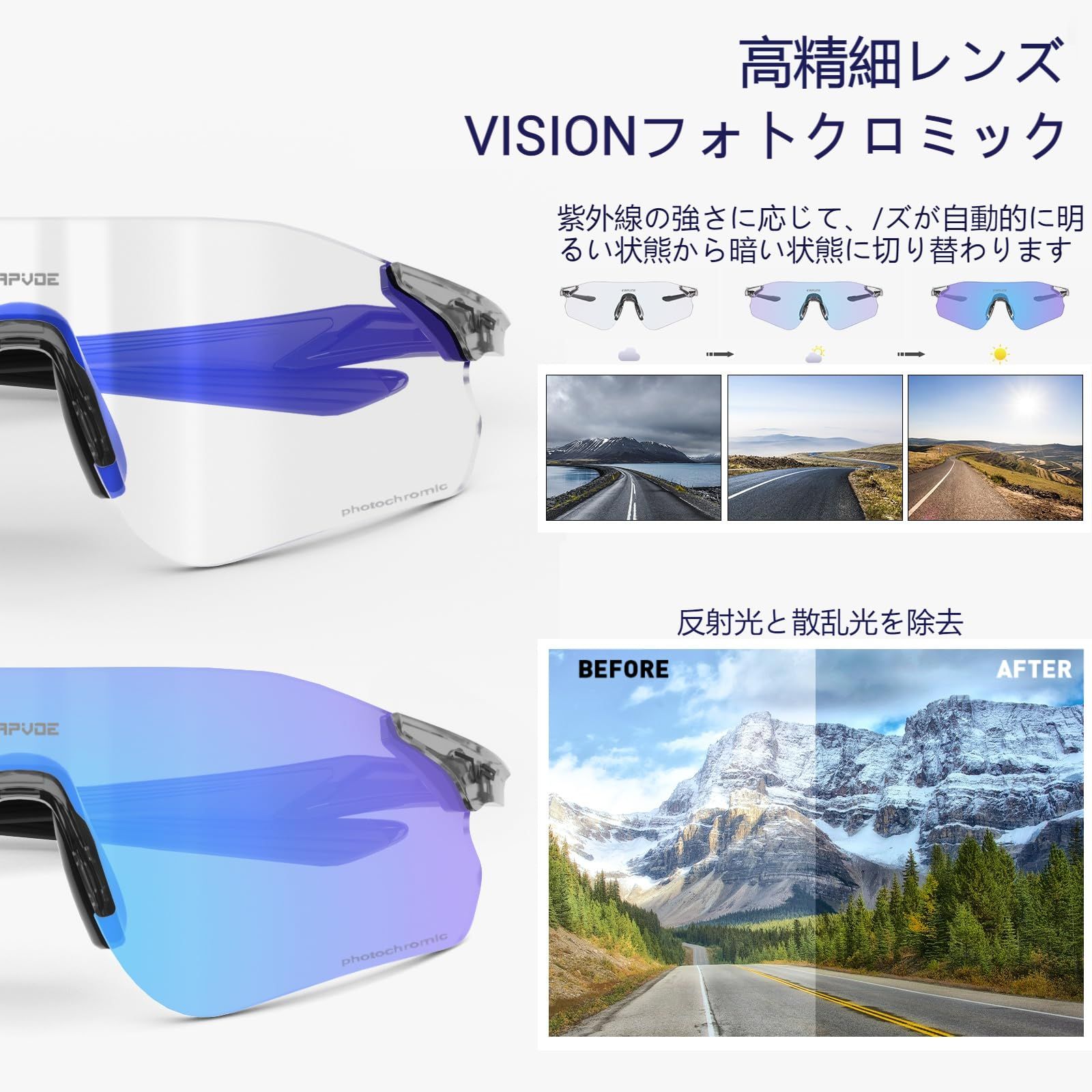 KAPVOE スポーツサングラス メンズ レディース 調光レンズ 軽量TR 90フレーム UV 400紫外線カット サイクリング ランニング マラソン MTB 登山 対応サングラス