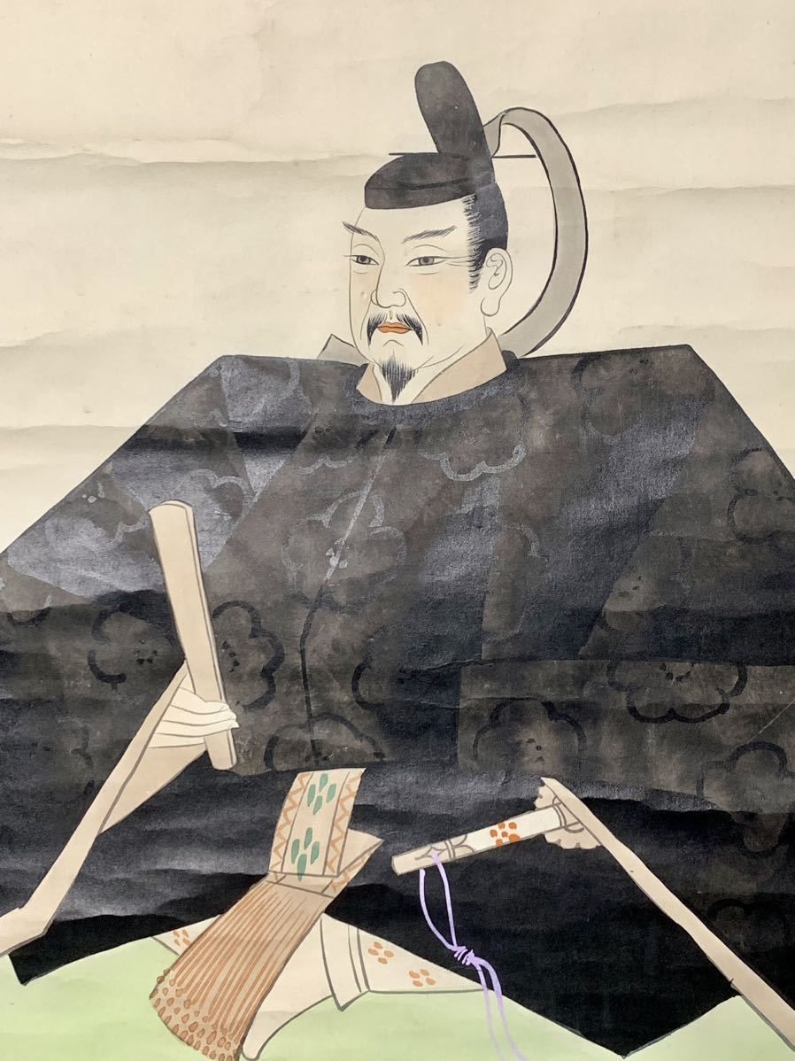 【真作】掛軸　菅原道真公　在銘・印章あり　松樹人物画　天神さま　古画　W60 掛け軸 日本画 菅原道真 人物画 管公之像 天神様 錦秋 松 梅 骨董