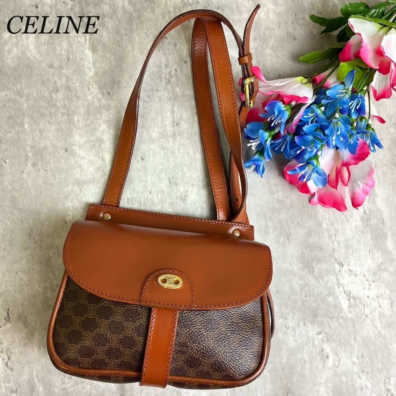 ✨良品✨ CELINE セリーヌ ショルダーバッグ トートバッグ トリオンフ マカダム柄 総柄 ロゴ型押し ゴールド金具 肩掛け 斜め掛け ビンテージ  ヴィンテージ PVCレザー レディース ブラウン 茶色