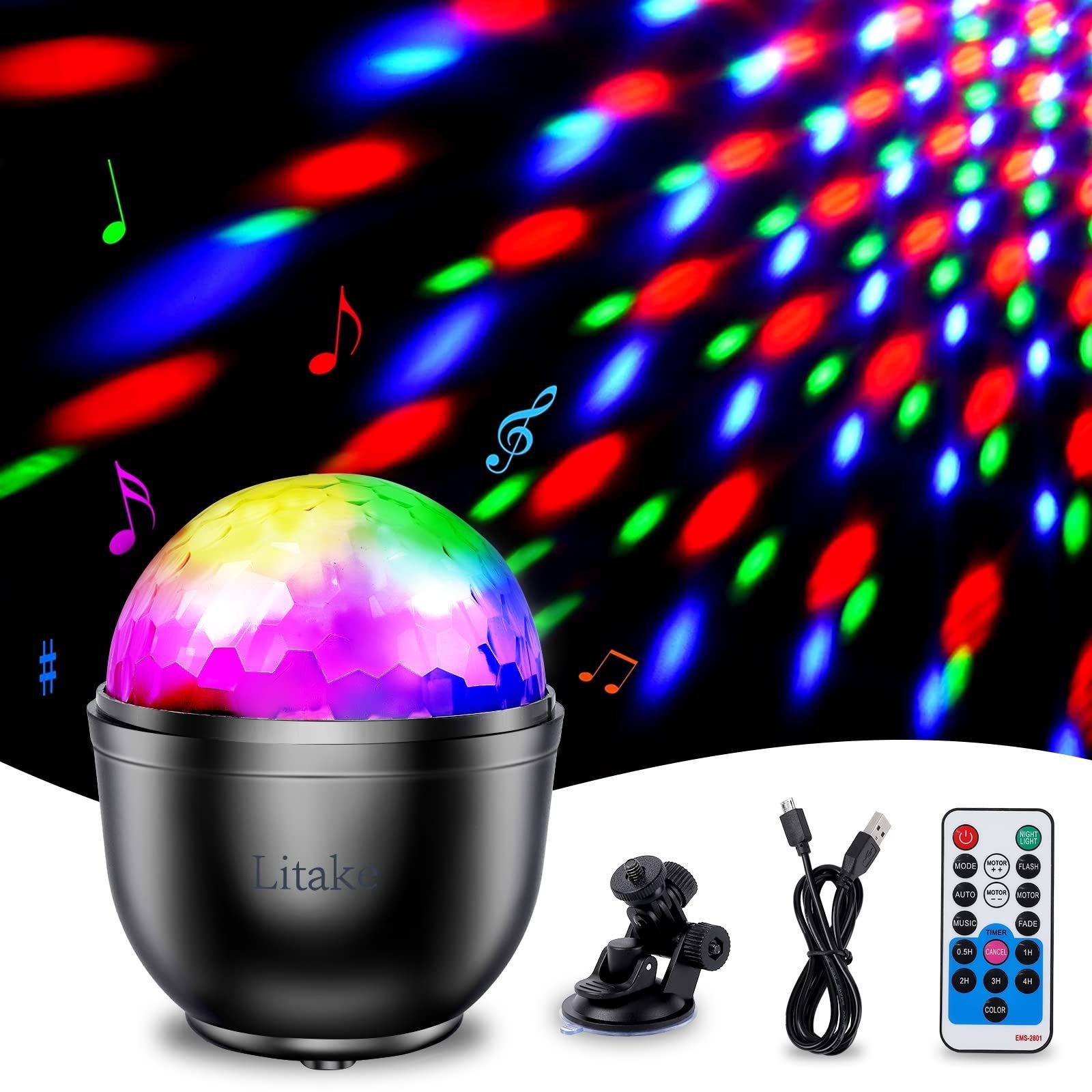 【数量限定】15色 USB充電式 RGB 回転 ディスコライト リモコン付き 音声起動 ミラーボール 多色変更 クラブ パーティー LED ステージ 舞台照明 リテーク(Litake) 常夜灯 家庭用