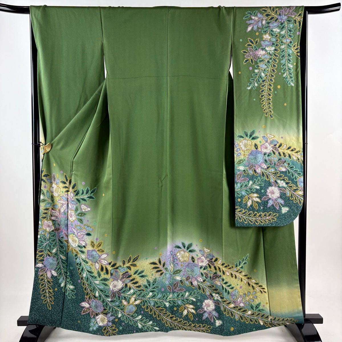 ④④正絹　振袖　辻が花　緑　着物　美品　長襦袢付き 振袖 身丈161.5cm 裄丈66cm M 袷 辻が花 ぼかし 緑 正絹 名品