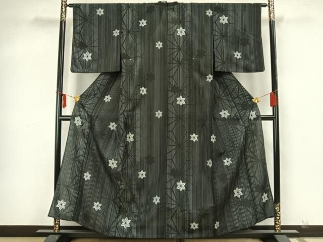 平和屋着物▽上質な小紋 単衣 麻の葉文様 黒地 正絹 逸品 AAAZ1396fy