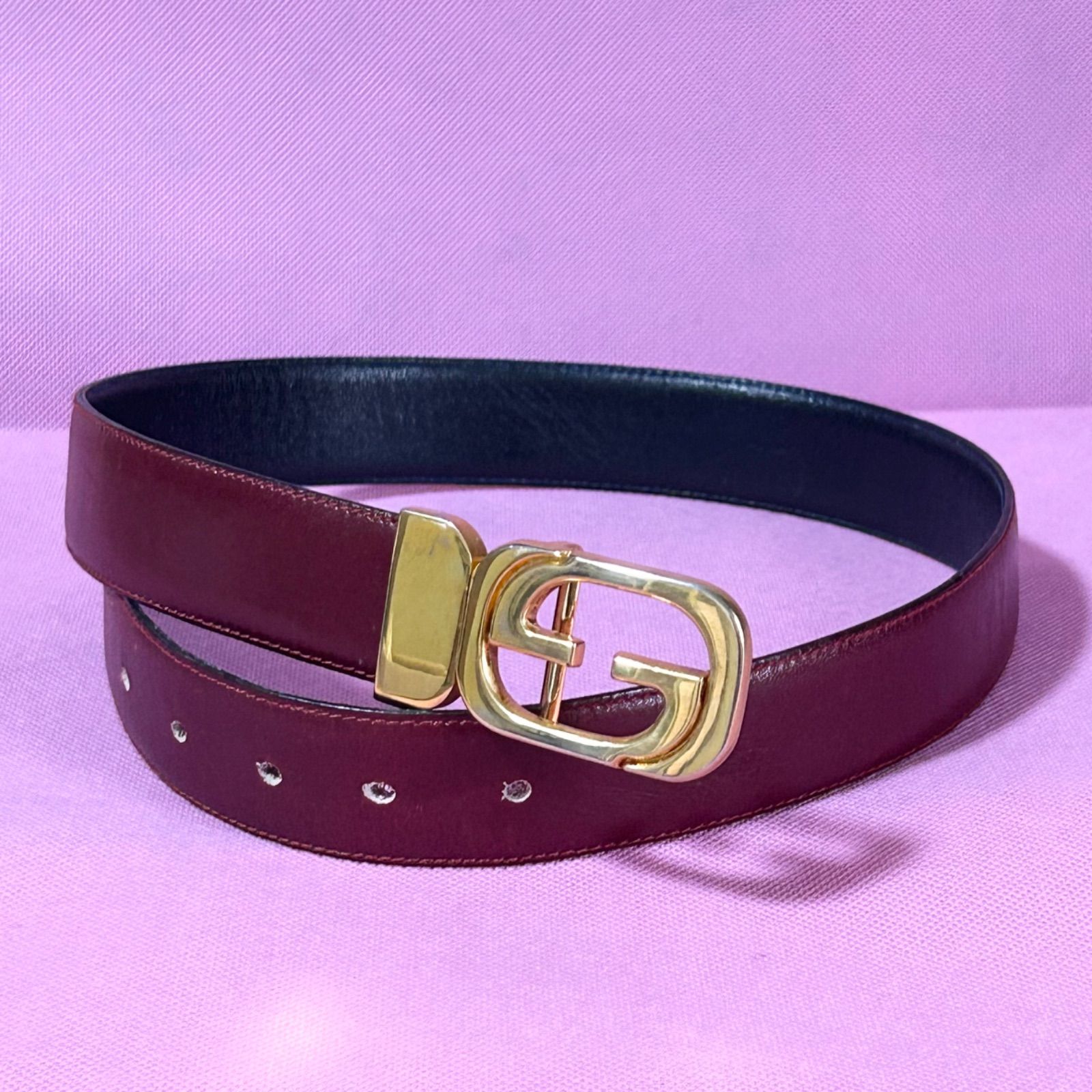 ? ? GUCCI グッチ リバーシブル ベルト ゴールド金具 インターロッキング G レッド ネイビー
