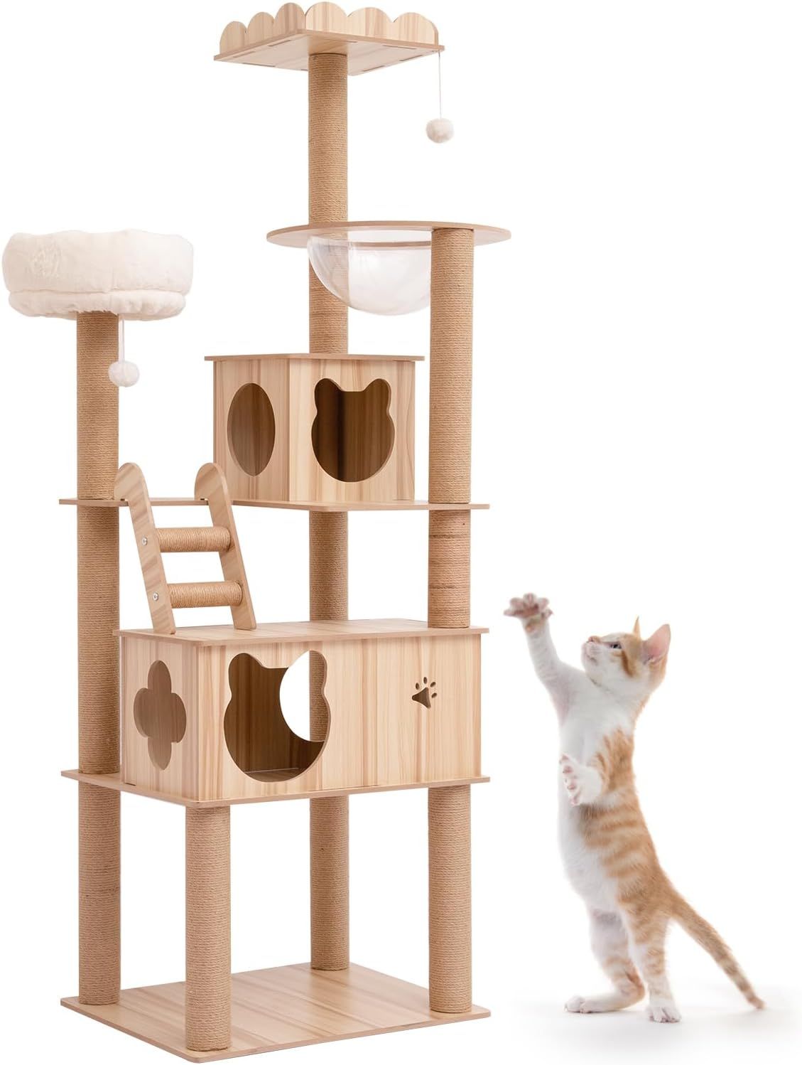 PETTOM キャットタワー 猫タワー 大型猫用 ねこハウス 木製 多頭飼い 据え置き 高い安定性 丸角設計 デザイン 省スペース 180cmタワー